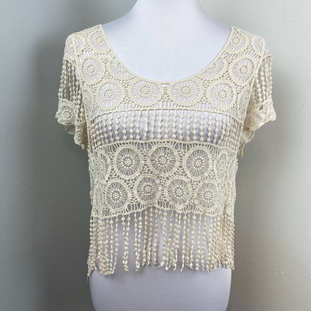 Ooh La La Ivory Open Crochet Fringe Blouse Top Small